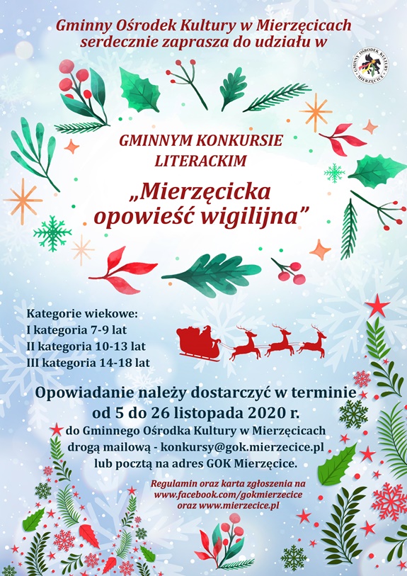 Plakat - zaproszenie do udziału w konkursie pt. "Mierzęcicka opowieść wigilijna"