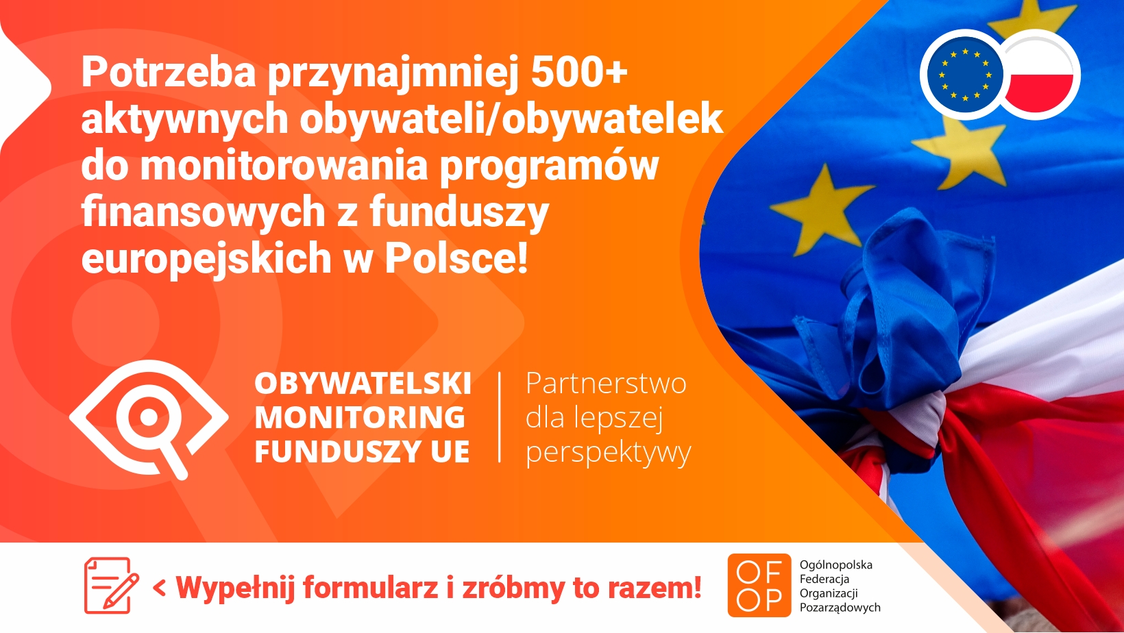 Pomrańczowy baner informujący o minimalnej ilości osób potrzebnych do monitorowania programów finansowych