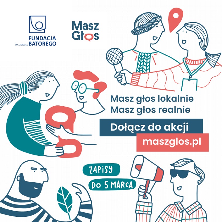 Plakat z bialym tłem, rysunkami ludzi i napisami akcji Masz głos