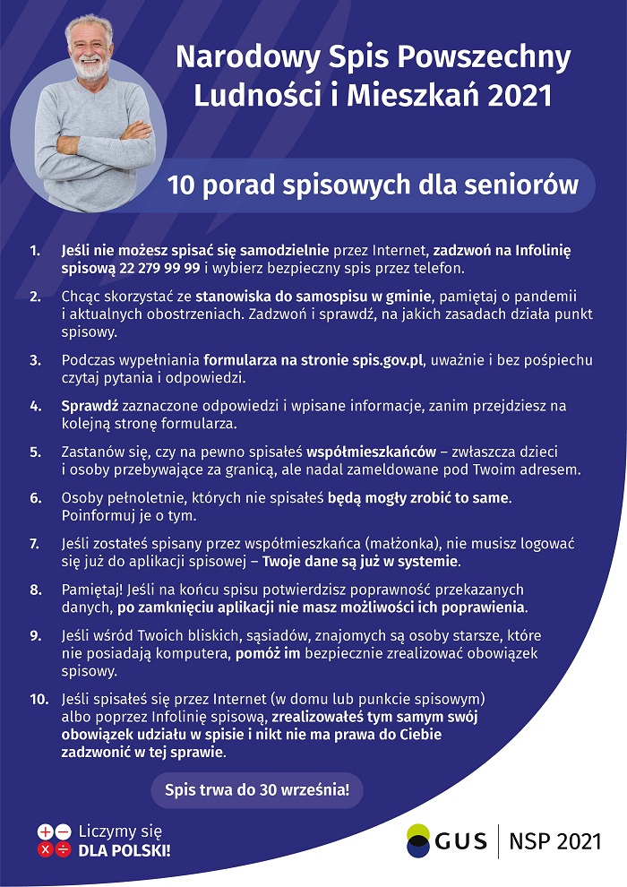 Plakat promujący pomoc seniorom w wykonaniu obowiązku spisowego w ramach Narodowego Spisu Powszechnego