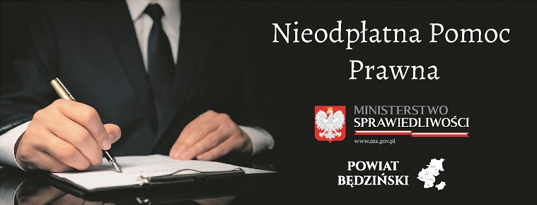 Czarny baner z napisem nieodpłanej pomocy prawnej orazlogiem ministerstwa środowiska