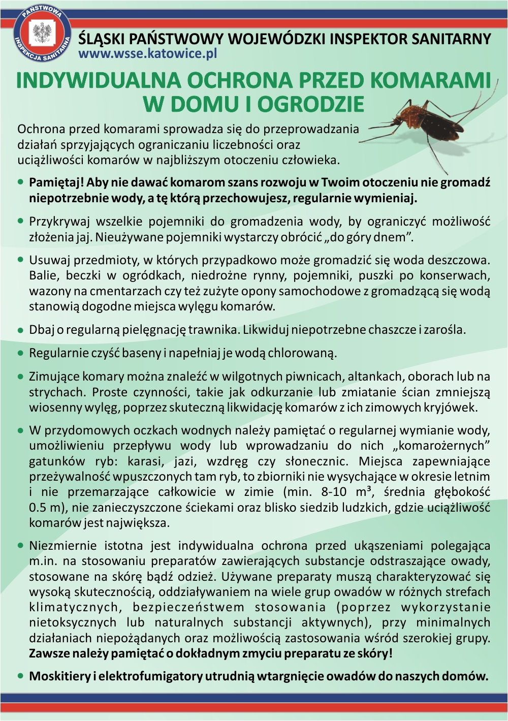 Plakat zachęcający do zwrócenia uwagi na zagrożenie ze strony komarów w domu i ogrodzie