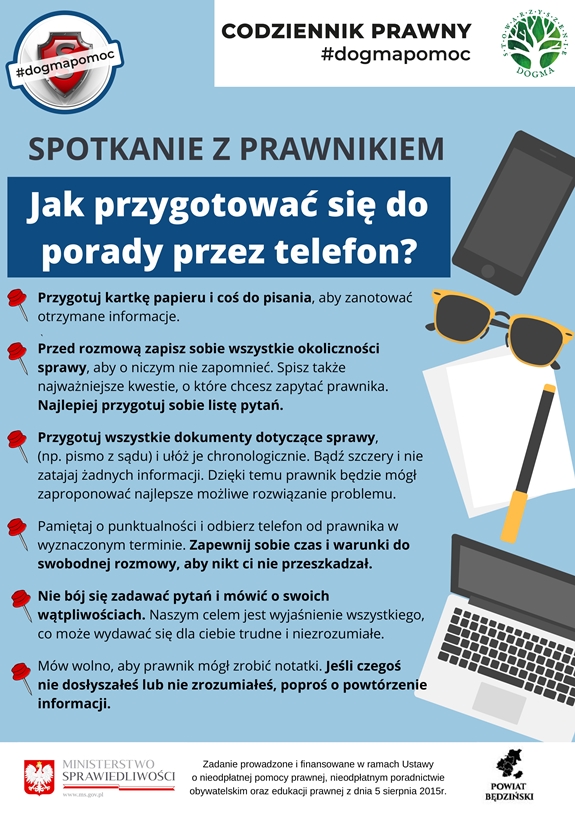 Ulotka informacyjna zawierająca porady co do przygotowania się do rozmowy telefonicznej z prawnikiem