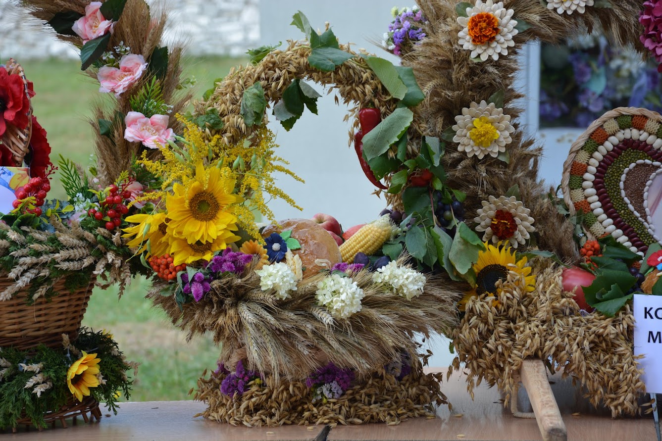 Zdjęcie przedstawia wieńce dożynkowe