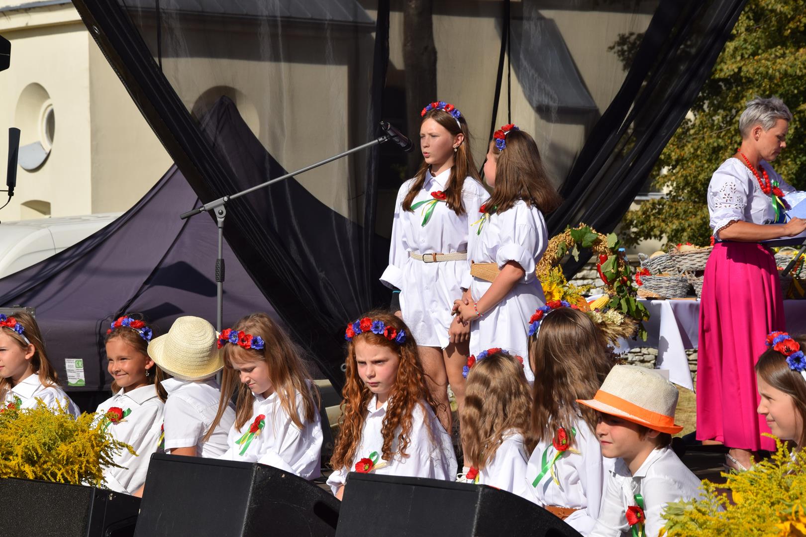 Zdjęcie przedstawia obrzęd dożynkowy w&nbsp;wykonaniu KGW Zosieńki