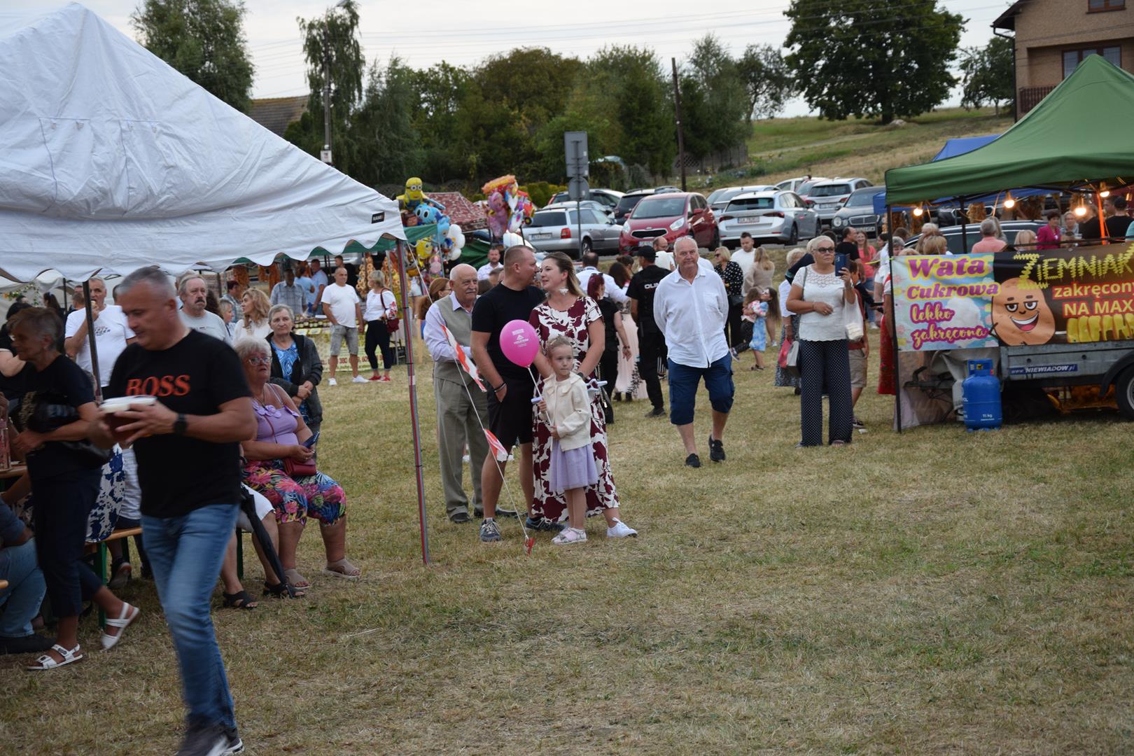 Zdjęcie przedstawia uczestników dożynek na tle dożynkowyuch kramów
