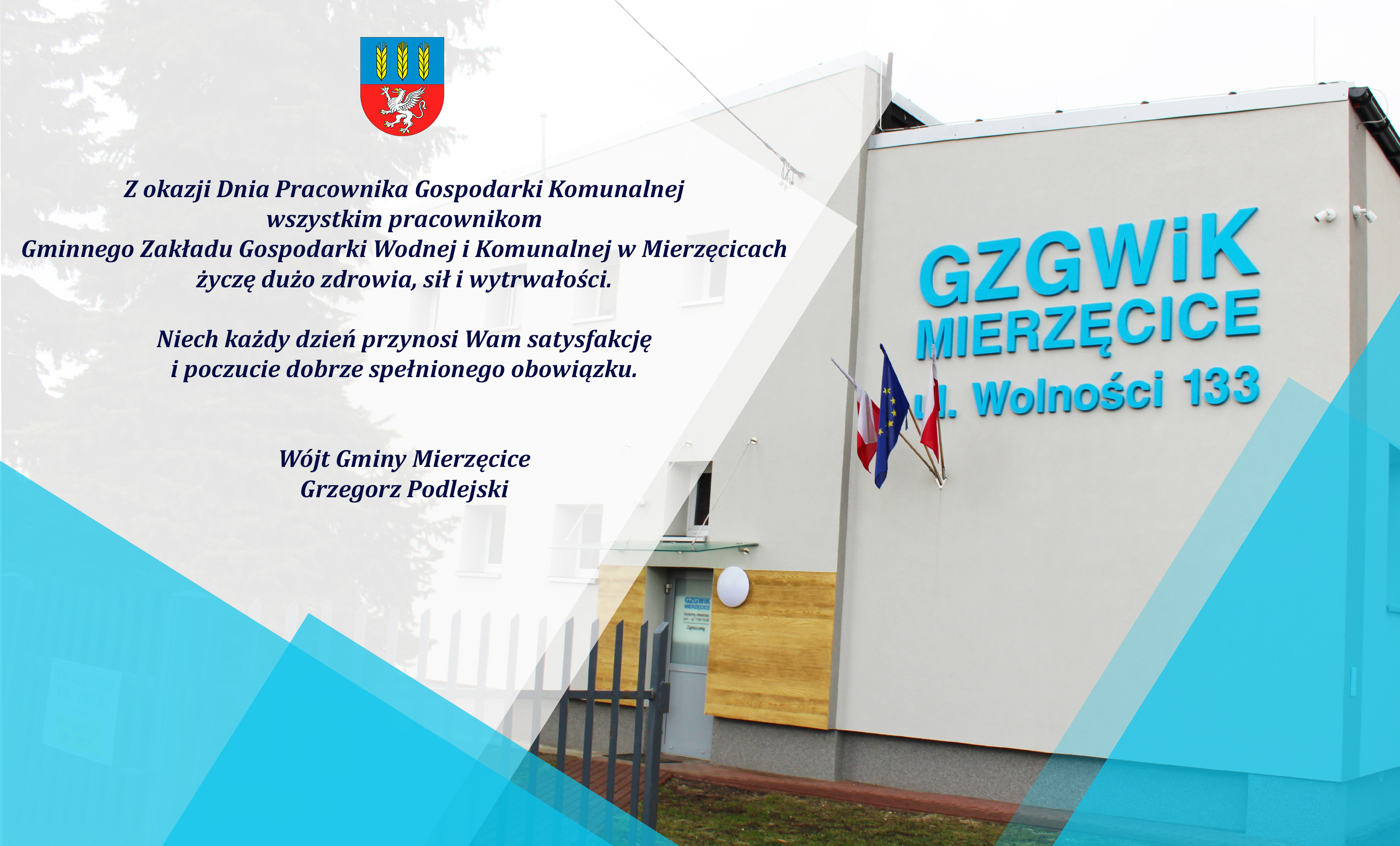 Zdjęcie przedstawia Życzenia Wójta Gminy Mierzęcice Grzegorza Podlejskiego z okazji Dnia Pracownika Gospodarki Komunalnej