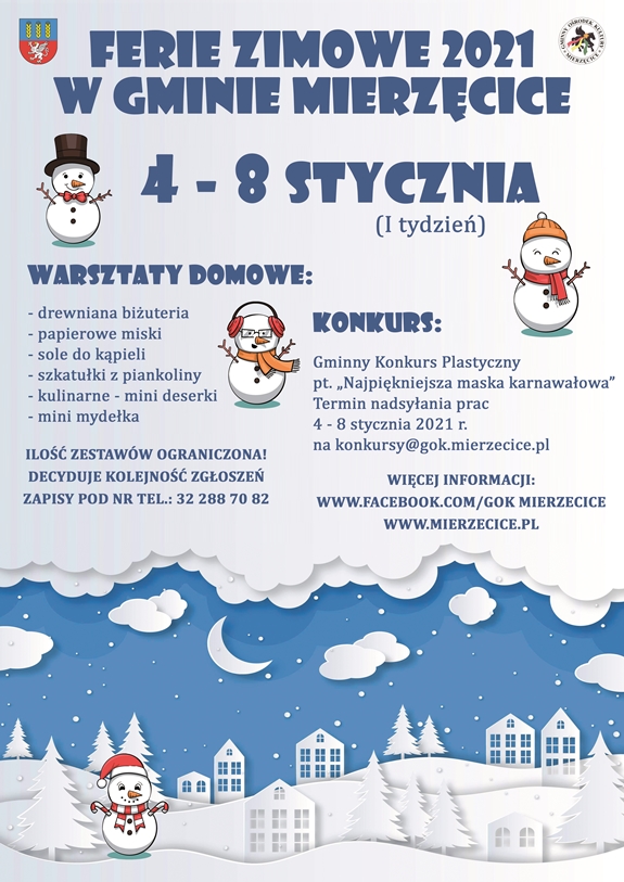 Plakat - zaproszenie do skorzystania z oferty feryjnej przygotowanej przez GOK Mierzęcice