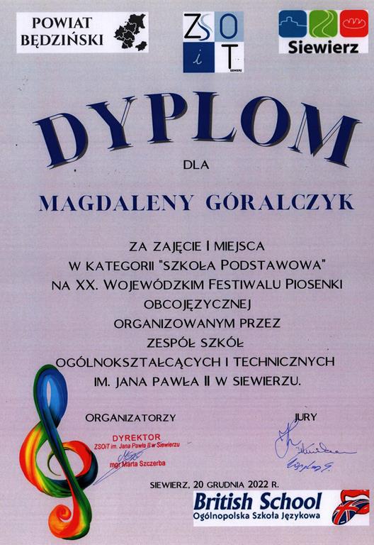 Dyplom Magdaleny Góralczyk