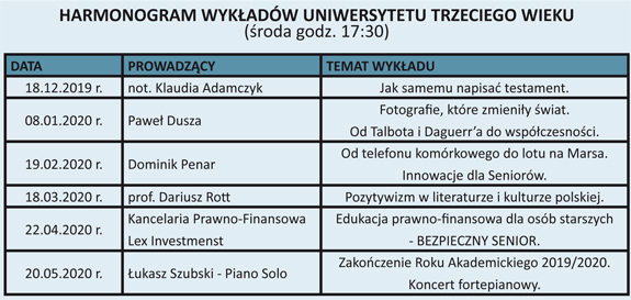 Tabela przedstawiająca harmonogram wykładów uniwersytetu trzeciego wieku