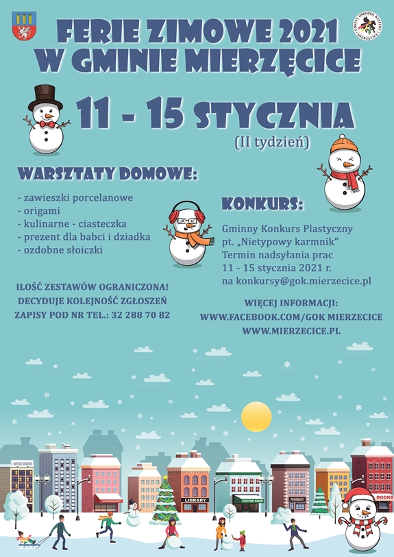 Plakat - zaproszenie do skorzystania z oferty feryjnej przygotowanej przez GOK Mierzęcice