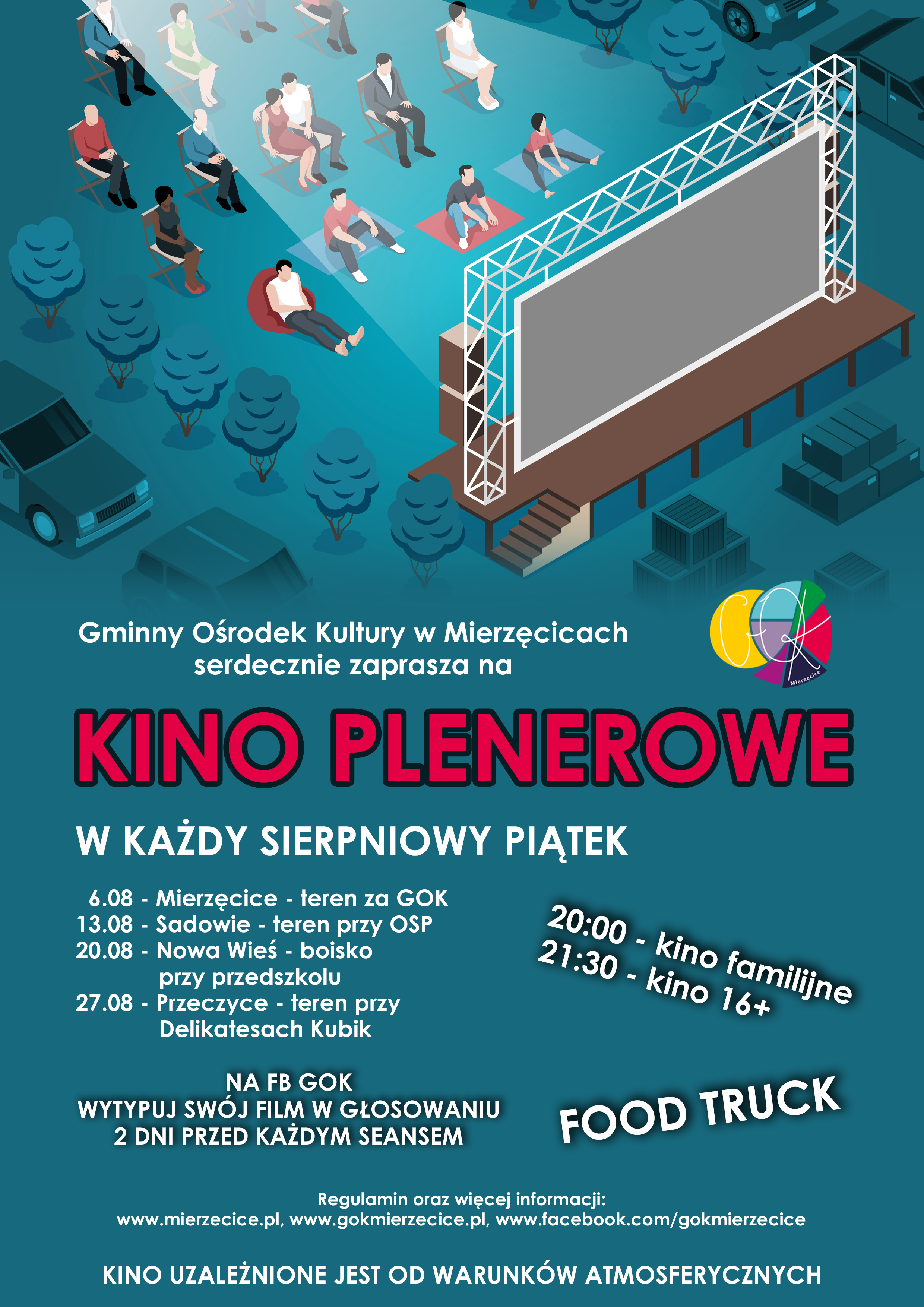 Plakat promujący kino plenerowe na terenie gminy Mierzęcice