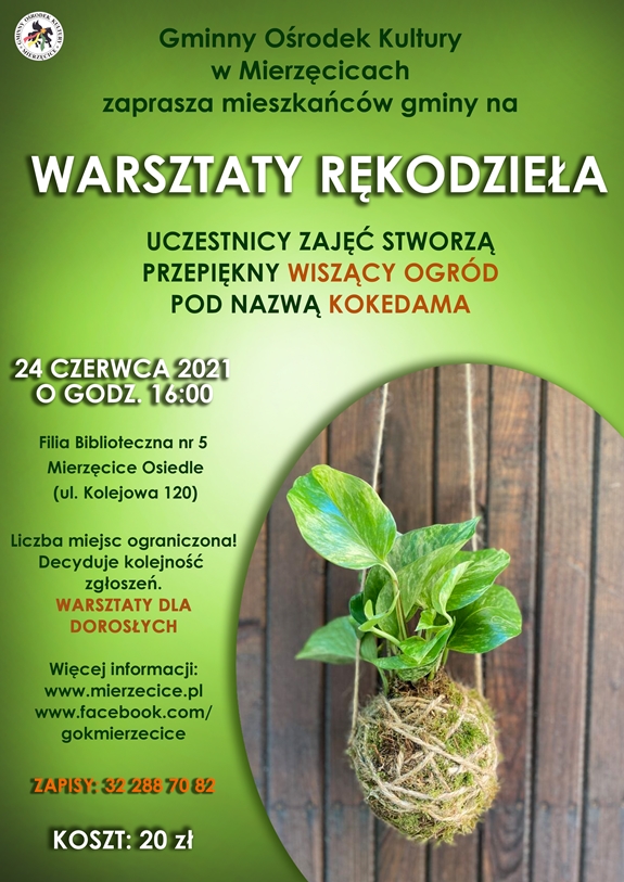 Plakat zachęcający do zapisu na warsztaty kokedama