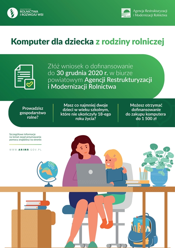 Plakat przedstawiający kobietę z dzieckiem siedzących za biurkiem. Oboje wpatrują się w ekran laptopa.