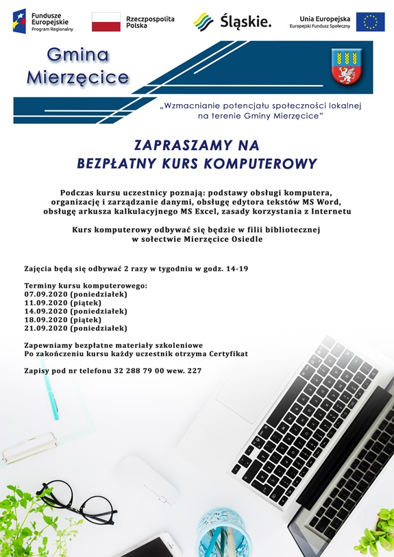 Plakat promujący bezpłatny kurs komputerowy