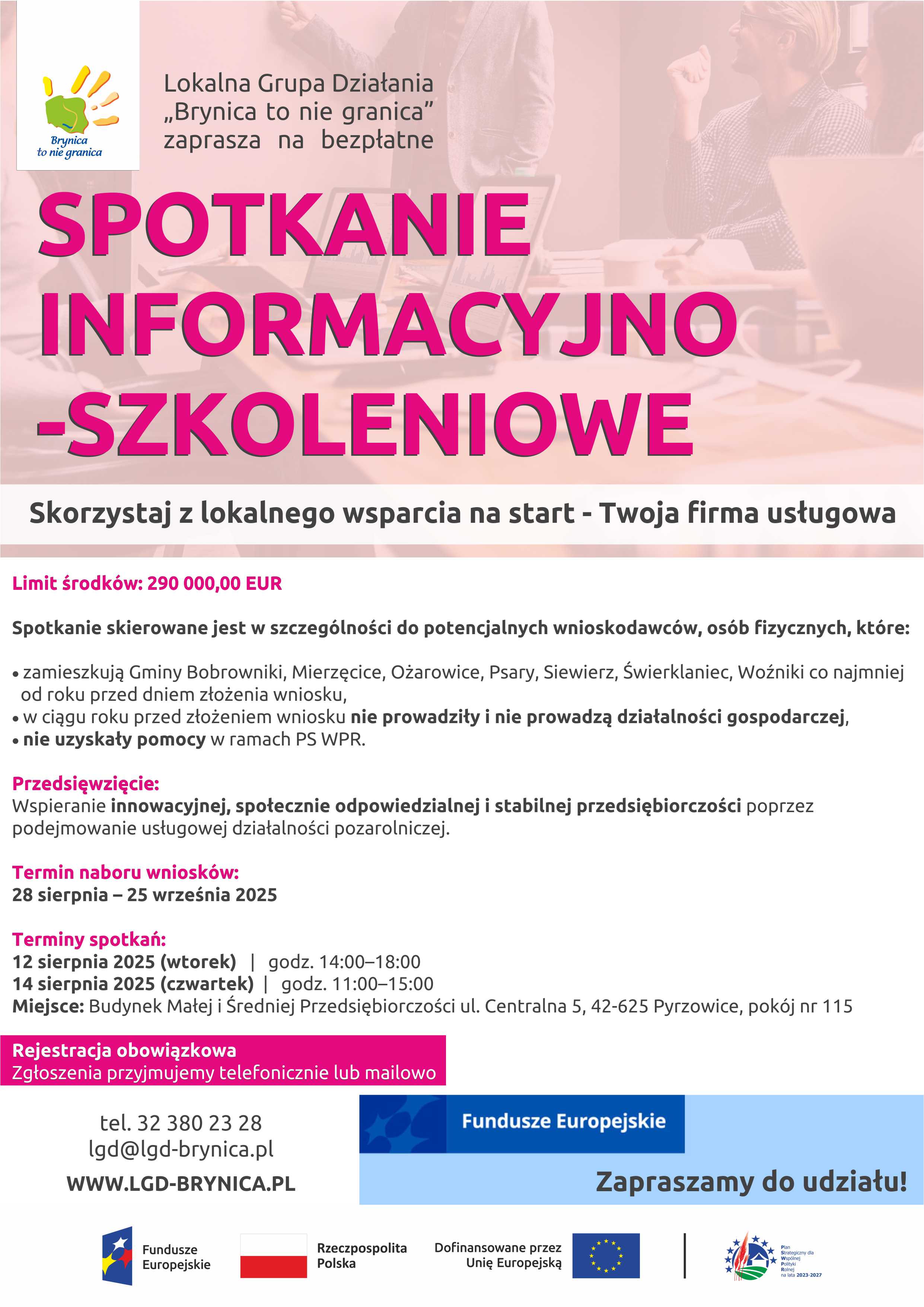 Plakat przedstawia informacje o bezpłatnym spotkaniu informacyjno-szkoleniowym