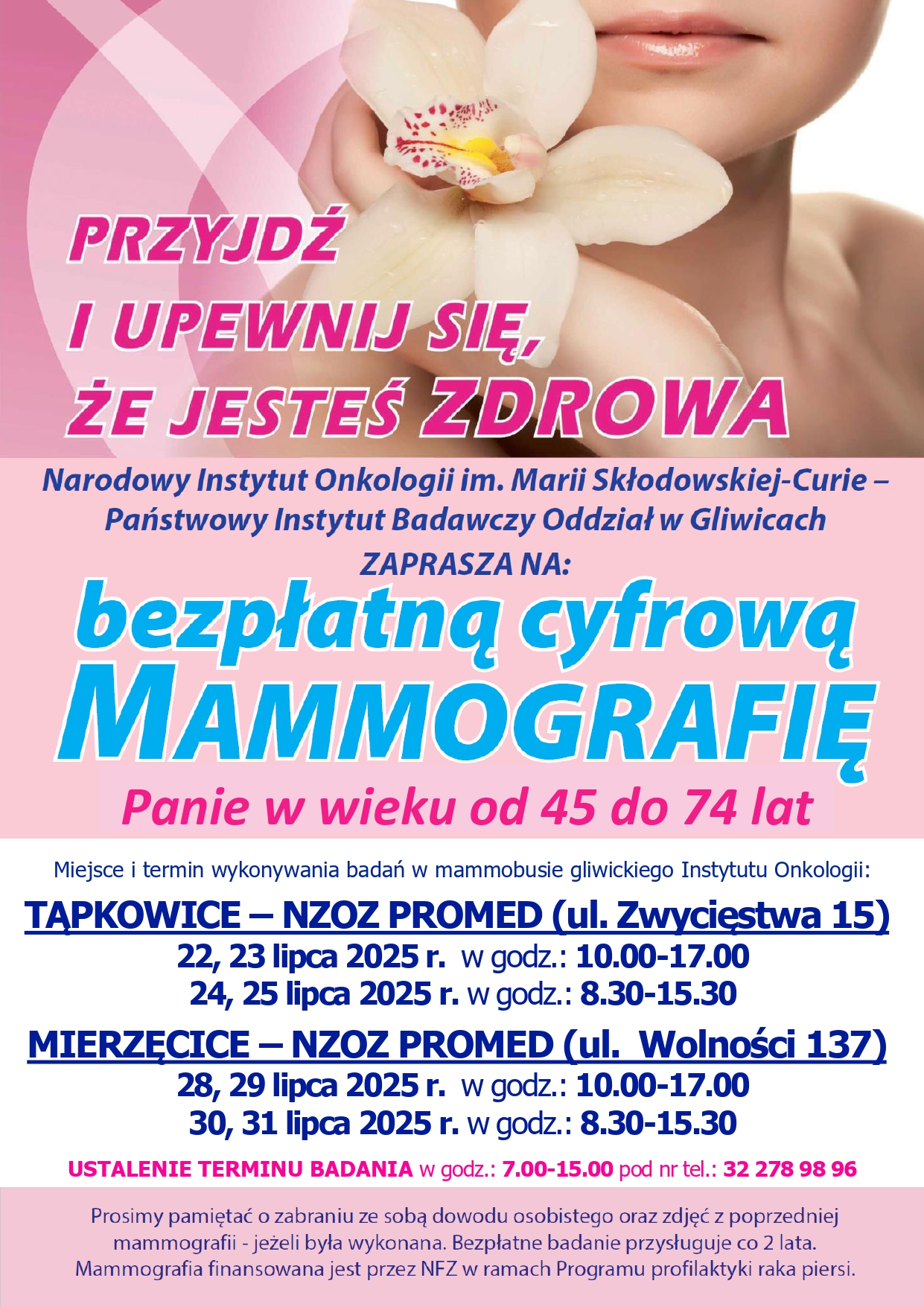 Zdjęcie przedstawia plakat informacyjny dot. badań mammograficznych