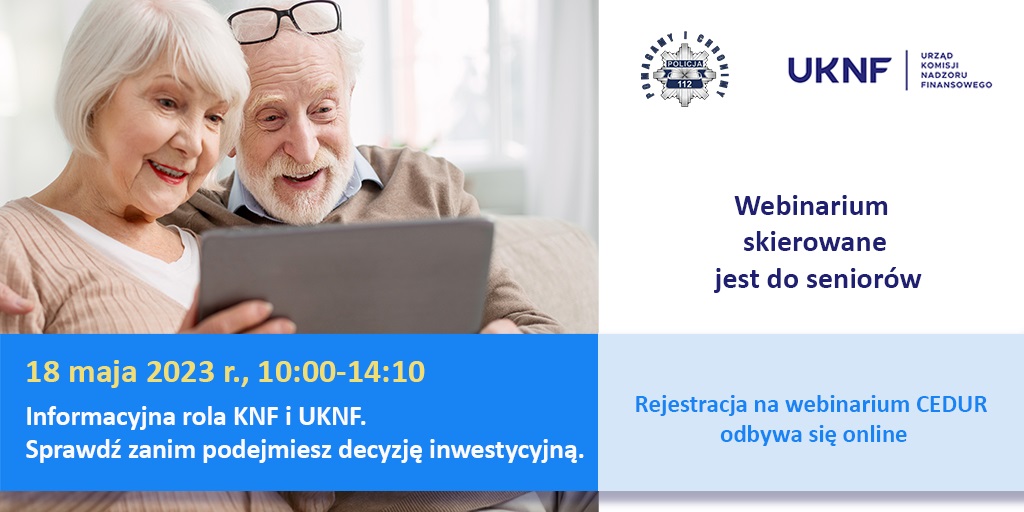 Grafika informująca o webinarium dla seniorów które odbędzie się 18 maja 2023r. 