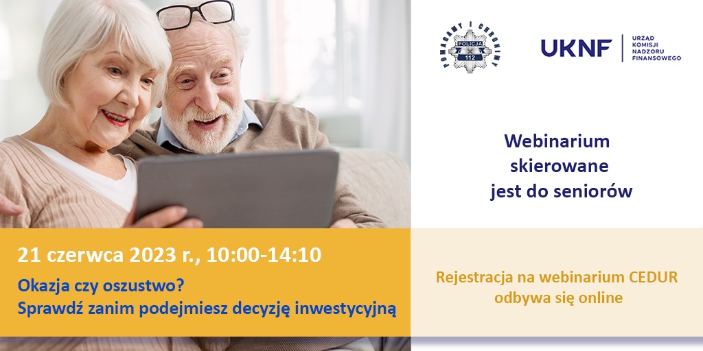 Grafika informująca o webinarium dla seniorów które odbędzie się 21 czerwca 2023r. 