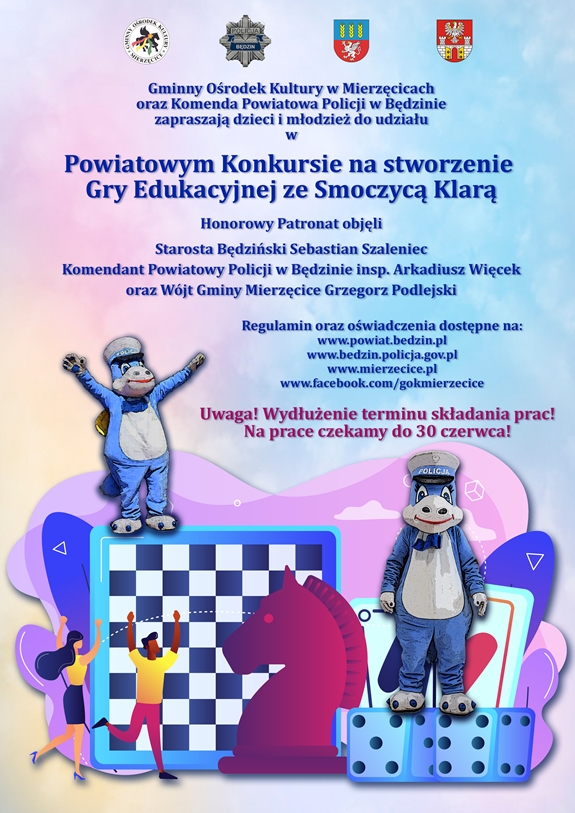 Plakat promujący Powiatowy Konkurs na stworzenie gry edukacyjnej ze Smoczycą Klarą