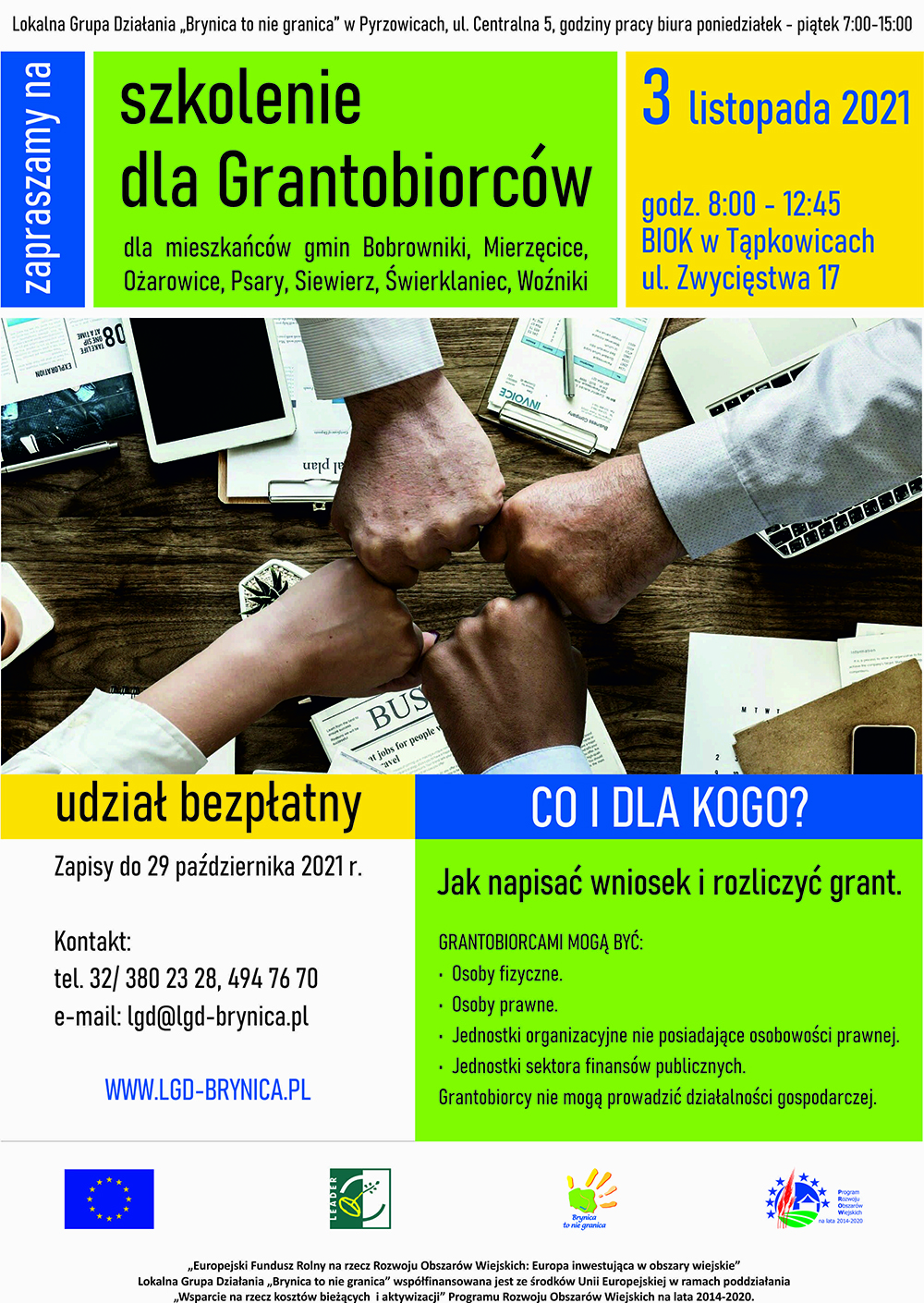 Plakat zachęcający do zgłaszania się na szkolenie dla grantobiorców