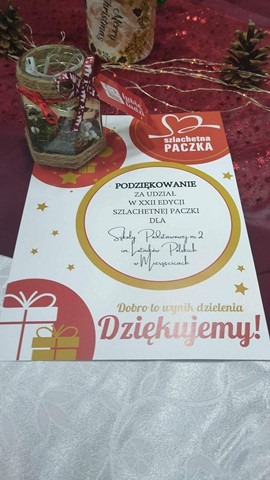 Zdjęcie przedstawiające pisemne podziękowania za udział w akcji szlachetna paczka